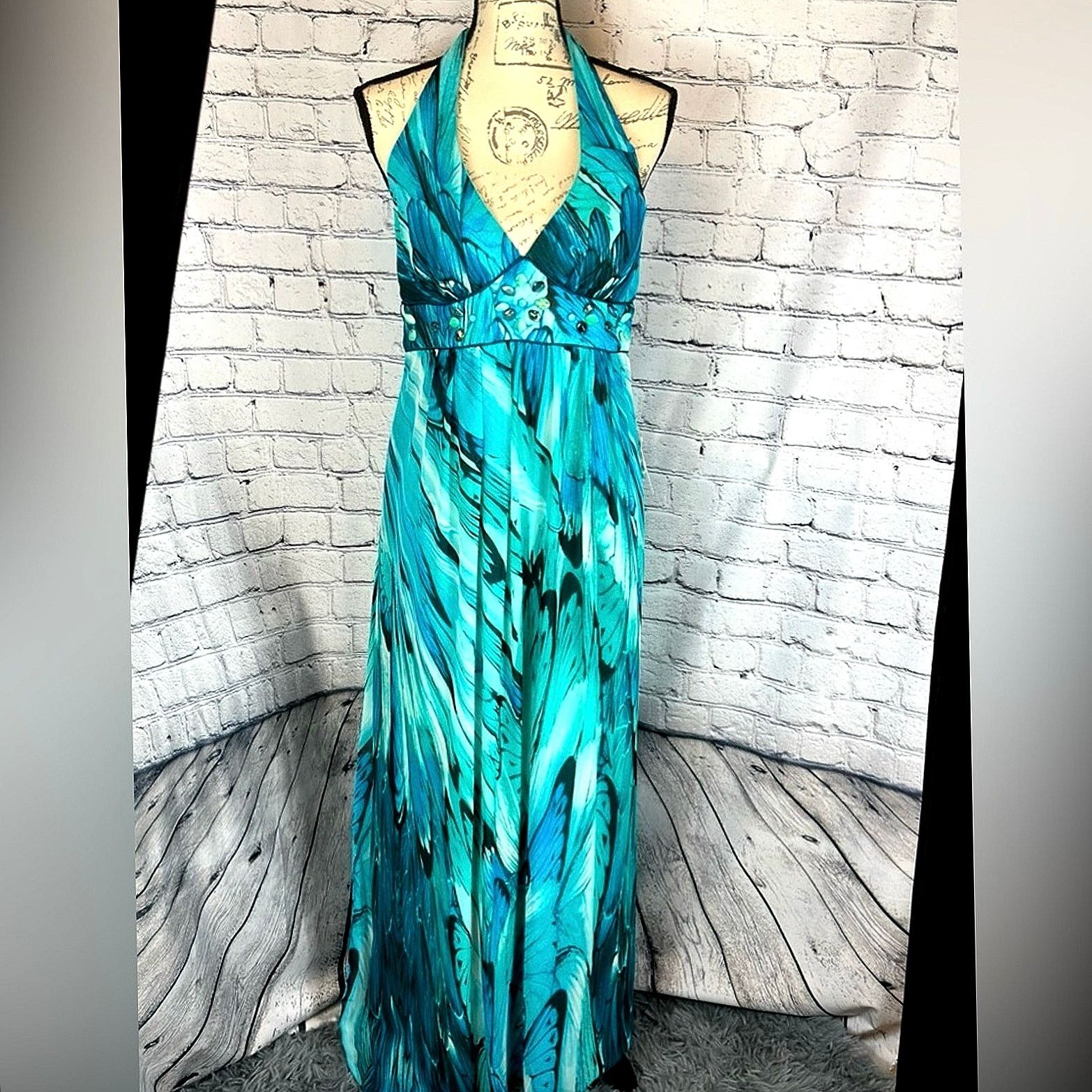 Other Bisou Bisou Halter Top Teal Blue Waterfall Gown - Size 14 Size XL / US 12-14 / IT 48-50 - 2 Thumbnail
