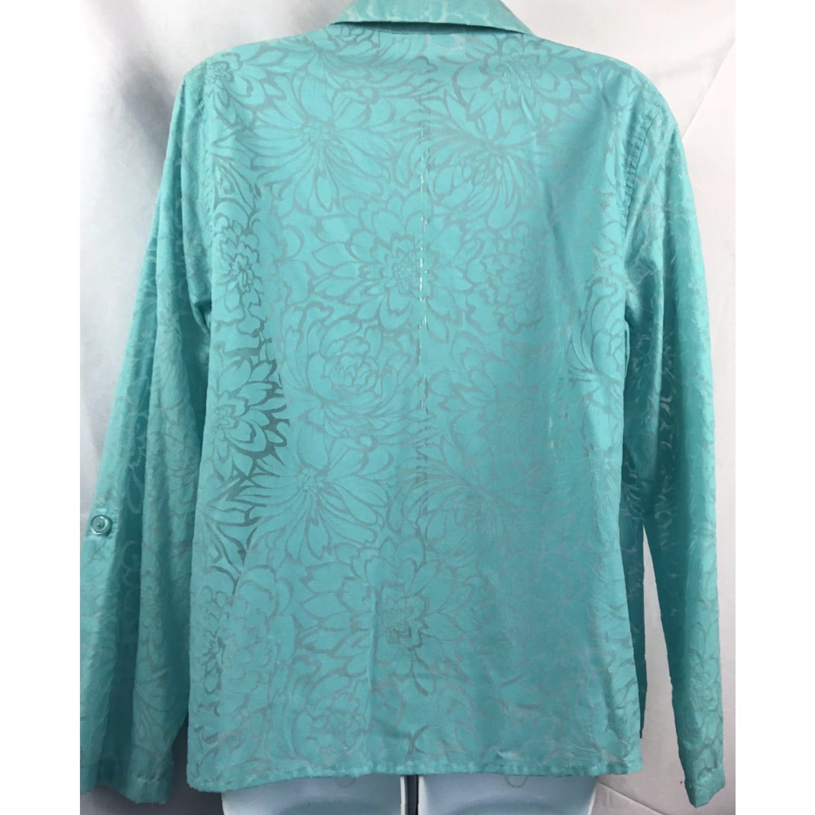 Vintage Sag Harbor Flu Floral Blouse Ladies Large Aqua Roll Tab Sleeve Collared 53% polyester 47% cotton Size L / US 10 / IT 46 - 5 Thumbnail
