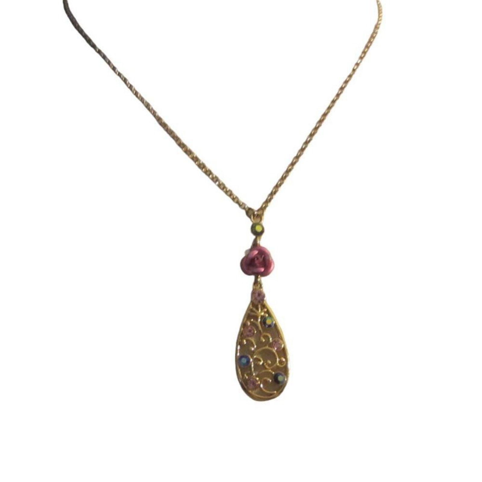 Vintage Gold Floral Teardrop Pendant Necklace Pink Rose Rhinestone Size ONE SIZE - 3 Thumbnail