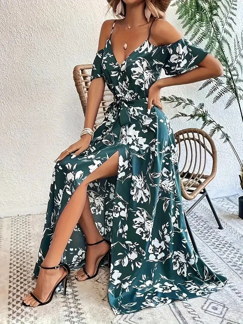 Other Off-Shoulder Split Dress Floral Print Long With Belt dress Size L / US 10 / IT 46 - 2 Thumbnail