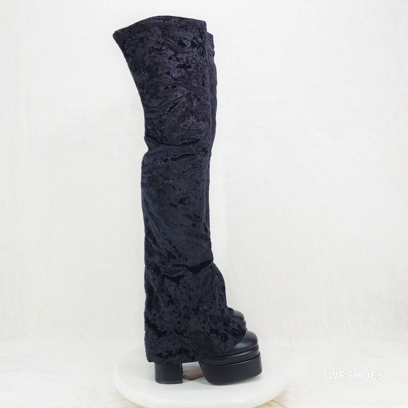 Other Unique Thigh High Black Velvet Fold over Skirted Chunky Heel Size US 8 / IT 38 - 6 Thumbnail