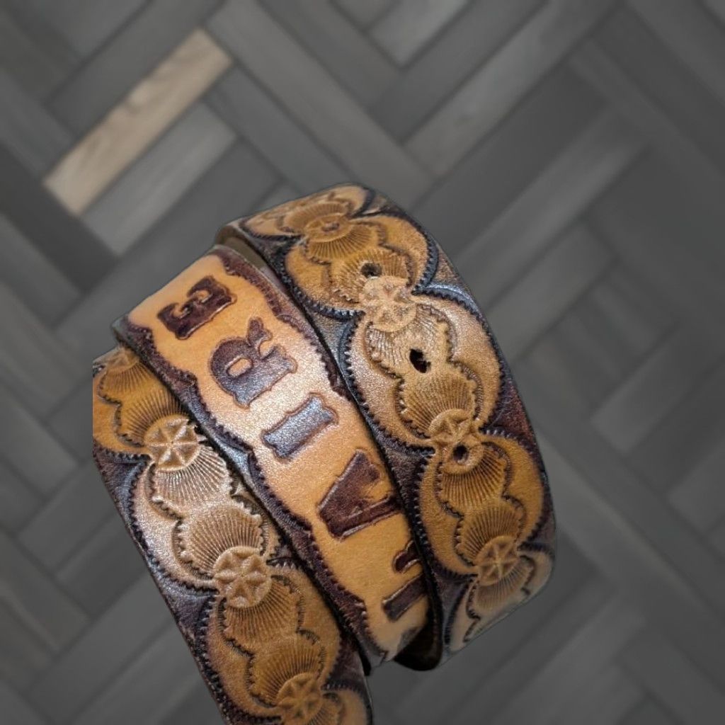 Vintage VINTAGE LeCLAIRE WESTERN Belt 36 Leather Brown Geometric Handcrafted Tooled Buckle Mens Adult 36 Brown Leather Full Grain 1-1/2" Western Belt Mens Size 36 - 1 Thumbnail