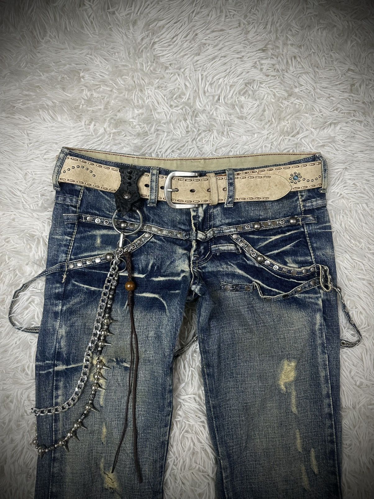 If Six Was Nine rare 2000s tornado mart straps studded flared denim jeans Size US 31 - 4 Thumbnail
