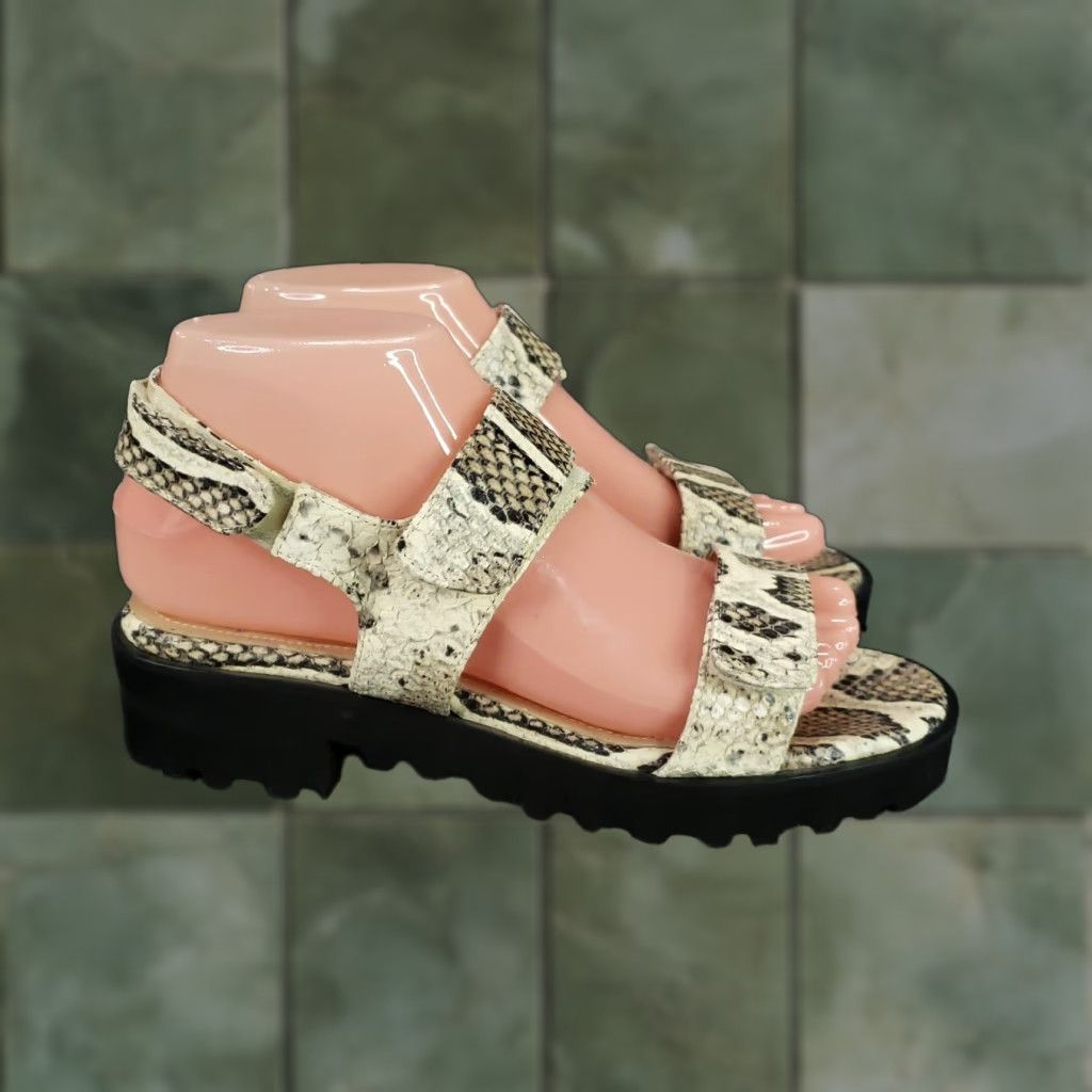 Vibram VINTAGE Ron White Sandals Womens 7 Snake Print Leather Platform Vibram Sole Italy Beige Strappy Adjustable Hook & Loop Slip Resistant Leather Insole Size US 7 / IT 37 - 1 Thumbnail
