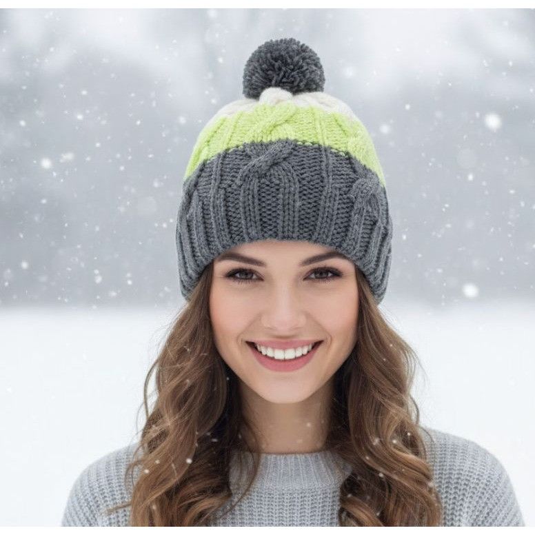 Other ⭐Adult Unisex Handmade Pom Beanie Cable Knit Color Block Gre Size ONE SIZE - 1 Thumbnail