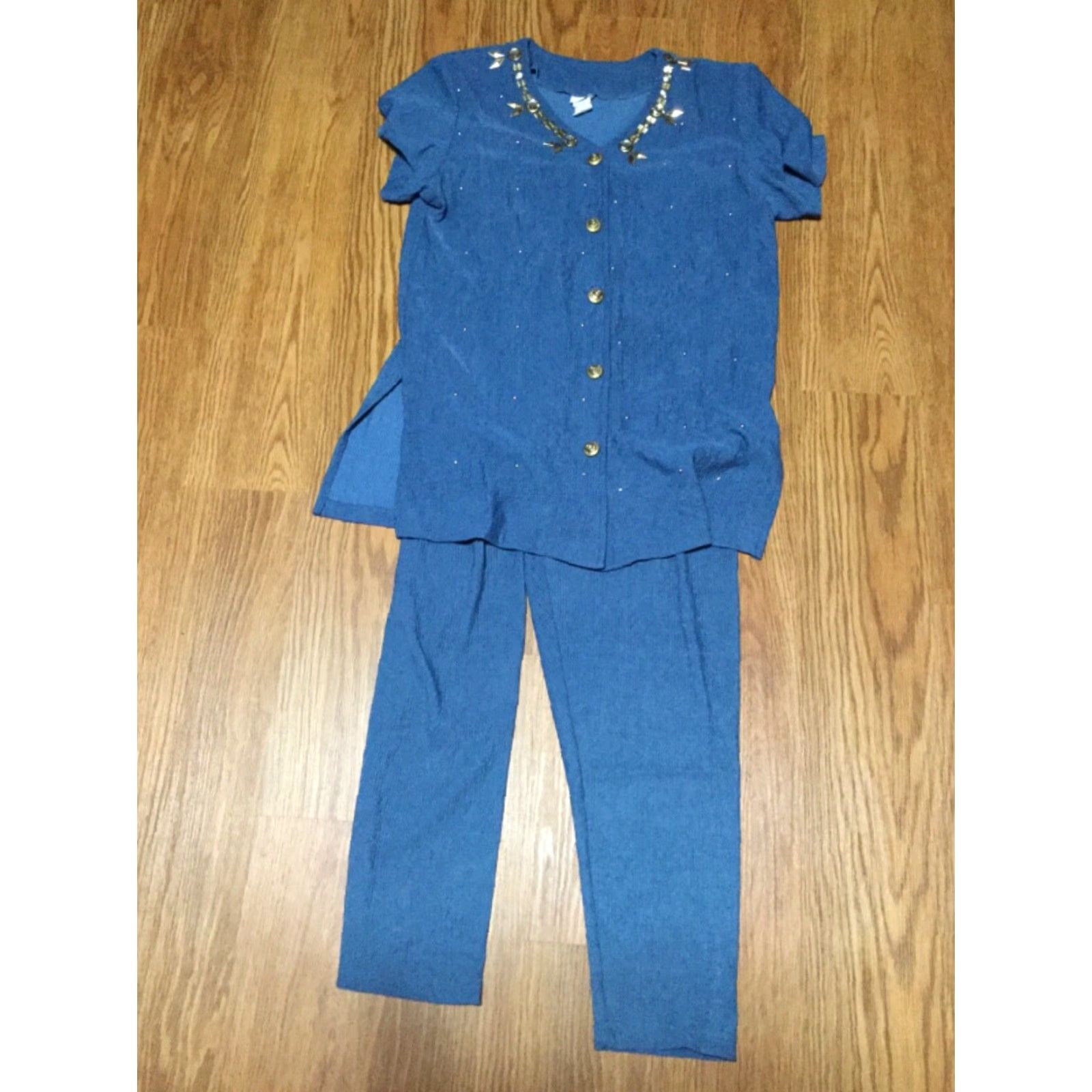 Vintage Epix Blue Embellished Top Women Short Sleeves Stretch Pant Suit One Size Vintage Size 42" / US 20 - 6 Thumbnail