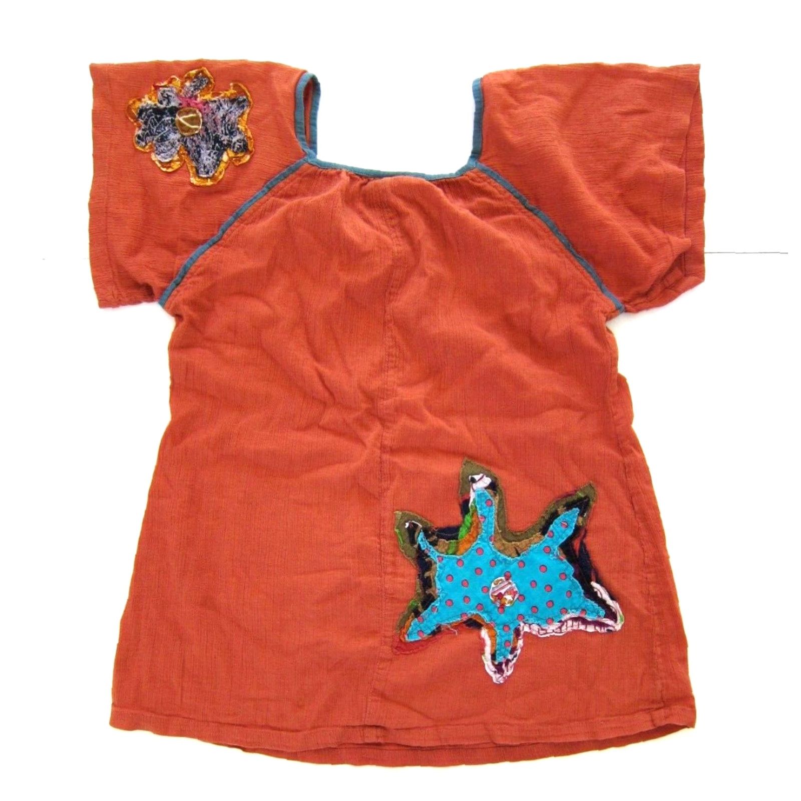 Vintage Sacred Threads Blouse Shirt 100% Cotton Orange Embroidered Floral Short Sleeve Tunic M Women Size M / US 6-8 / IT 42-44 - 2 Thumbnail