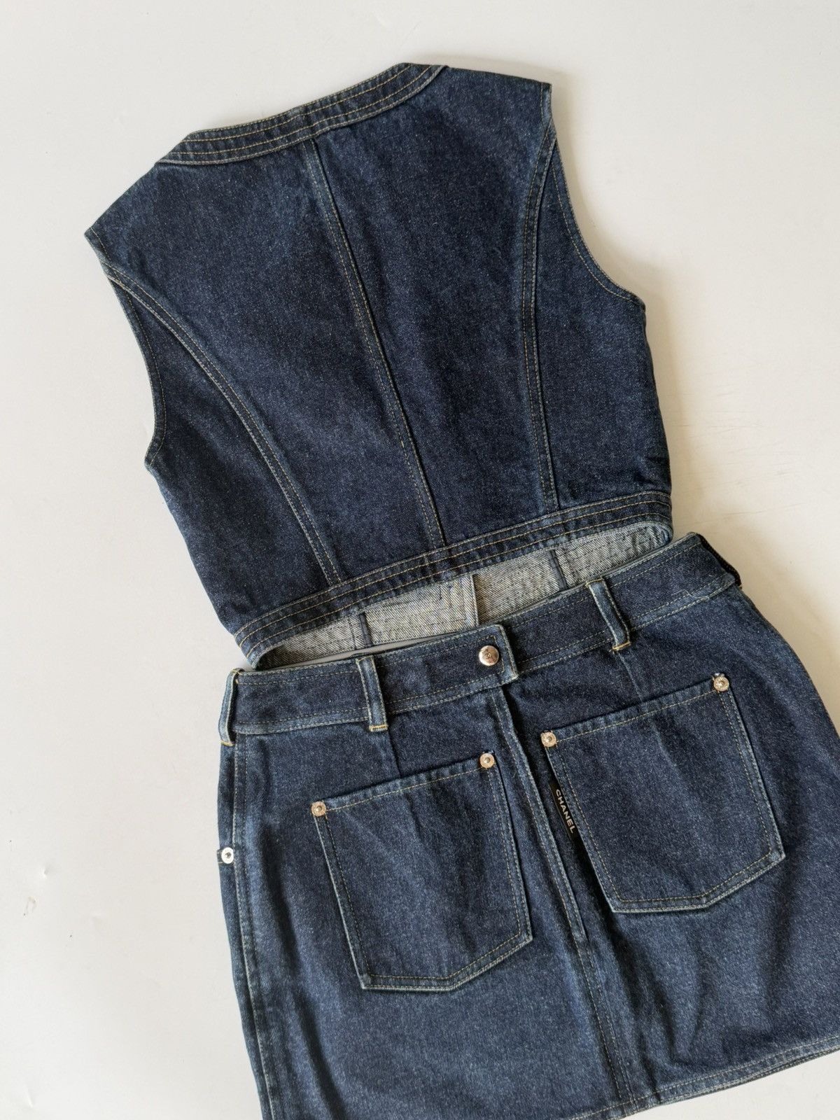 Chanel 1990s-2000s Chanel Indigo Denim Sleeveless Vest & Skirt Set Size XS / US 0-2 / IT 36-38 - 5 Thumbnail