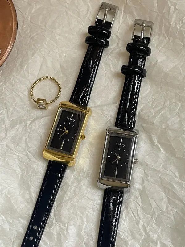 Jewelry Leather Strap Rectangular Gold Watch, Classic Wristwatch Size ONE SIZE - 6 Thumbnail
