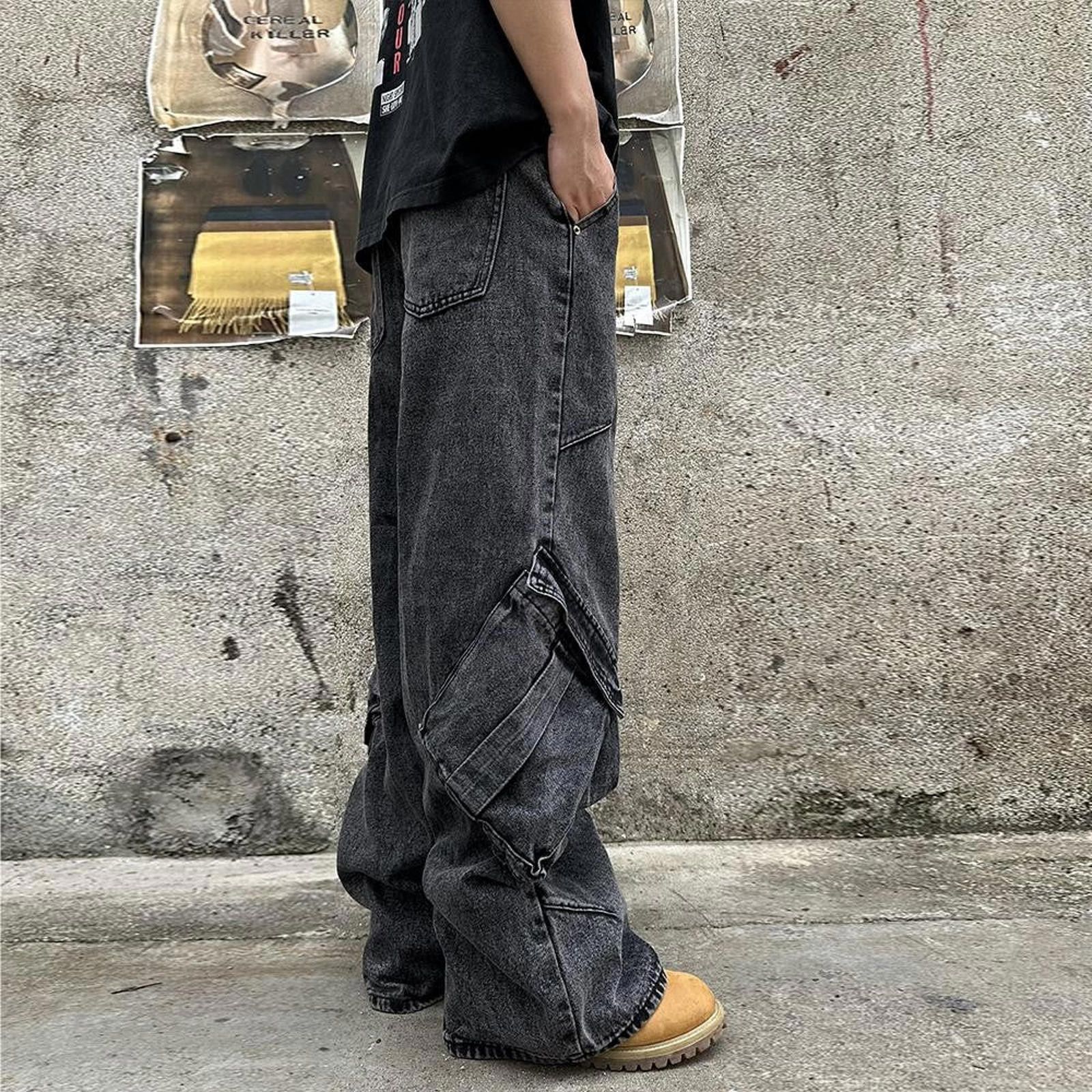 Japanese Brand Black Baggy Cargo Flared Denim Pants, Wide Leg Jeans Size US 32 / EU 48 - 3 Thumbnail