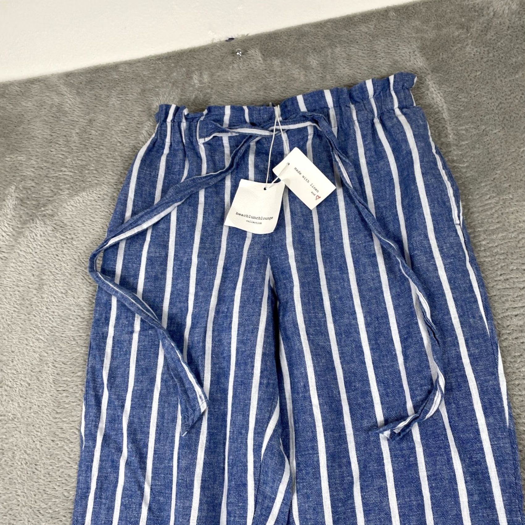 Vintage BeachLunchLounge Pants XS Blue Striped Linen Blend Drawstring Coastal Womens Size 26" / US 2 / IT 38 - 3 Thumbnail