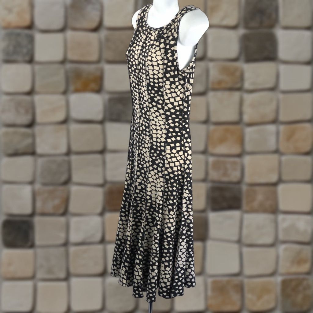 Forever 21 VINTAGE FOREVER 21 Dress Sleeveless Midi Fit & Flare S Tan/Blk Mod Pleated Geometric Print Bohemian Retro 60s Womens Size S / US 4 / IT 40 - 1 Thumbnail