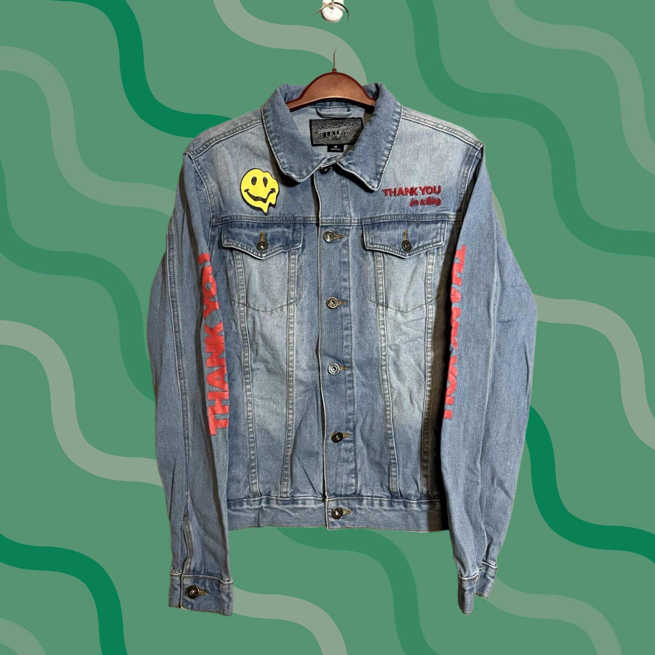 Denime VINTAGE Brooklyn Cloth Denim Jacket Thank You For Nothing Blue Jean Women’s M Jacket Womens Denim 80s 90s City Hip Hop Quotes Bl u e Jeans Size 32" / US 10 / IT 46 - 1 Thumbnail