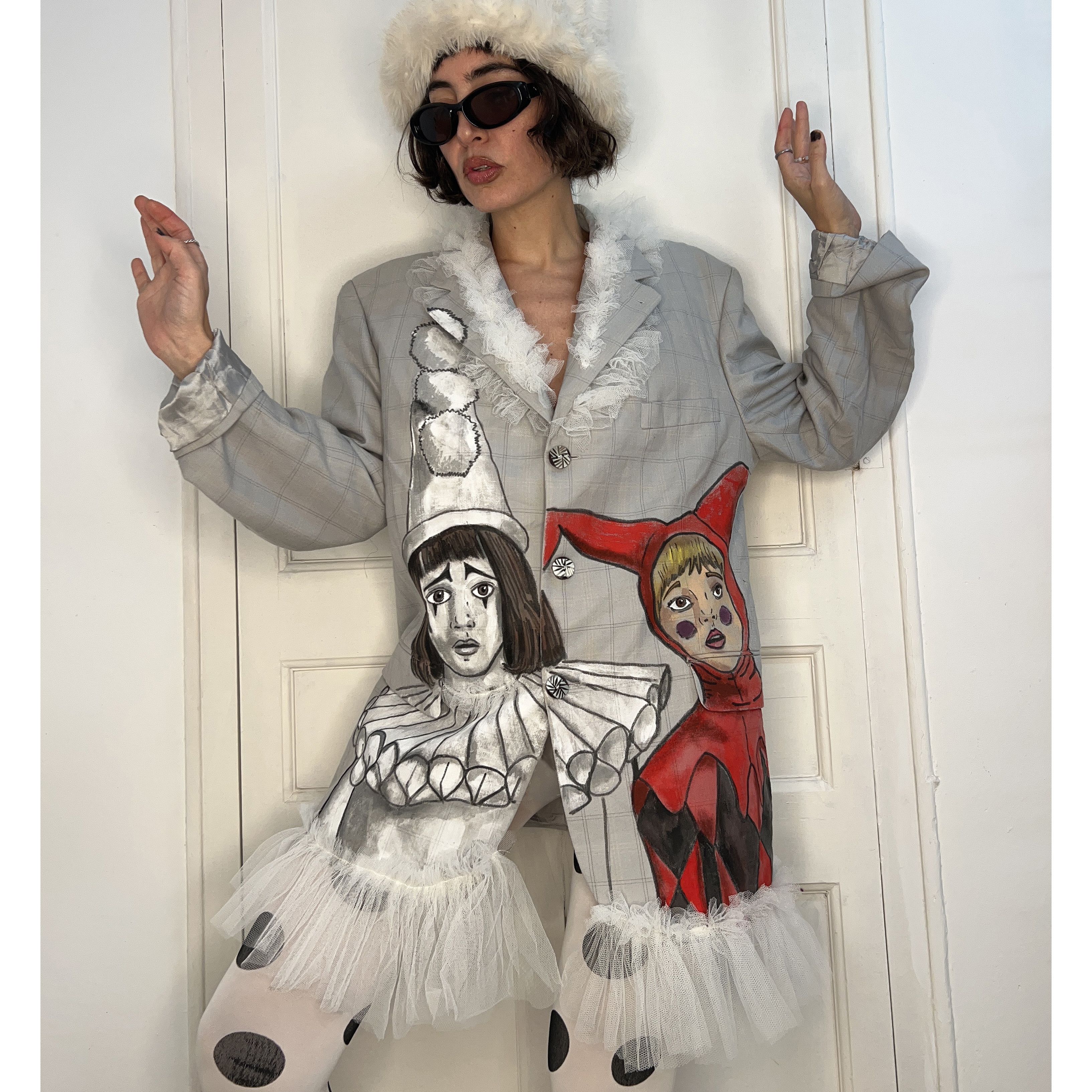 Custommade Hand-Painted Wool Harlequin Pierrot Blazer Size XL / US 12-14 / IT 48-50 - 1 Thumbnail