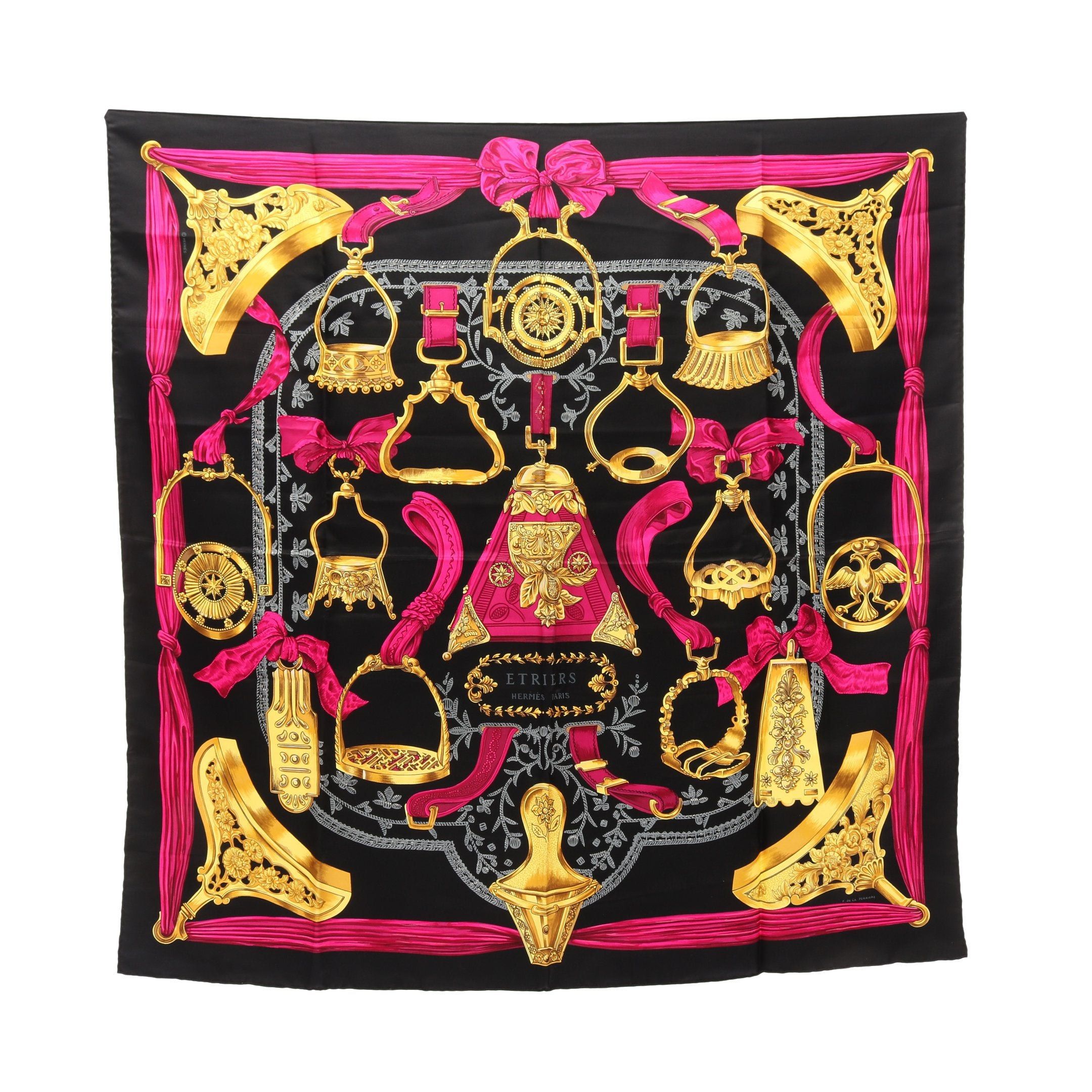Hermes Hermes Carres 90 Etriers Scarf Silk Black Pink Purple Multicolor Size ONE SIZE - 1 Thumbnail