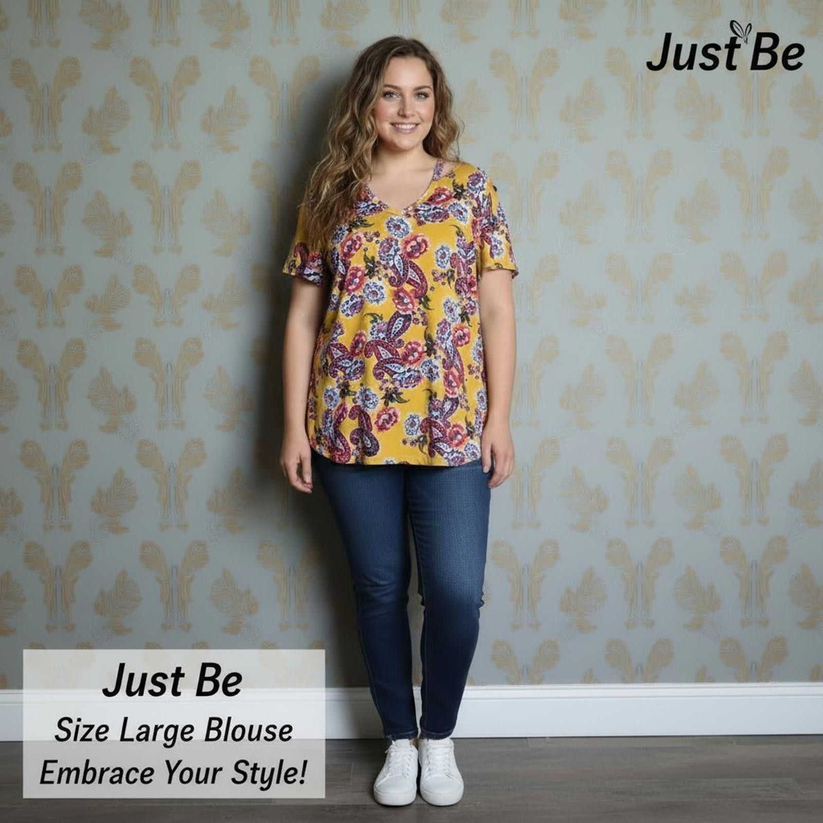 Other Just Be Size Large Yellow Floral Print Blouse Size L / US 10 / IT 46 - 1 Thumbnail