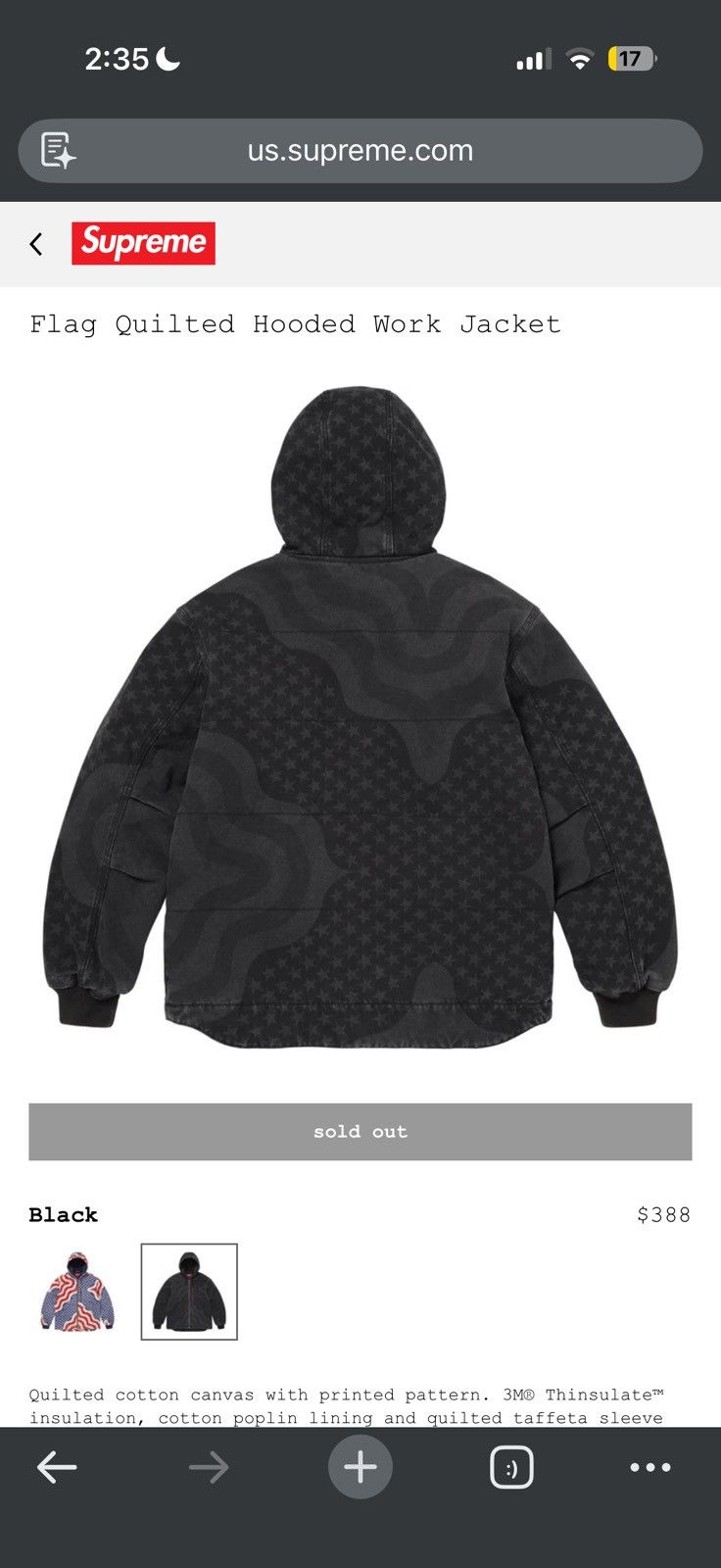 Supreme Supreme Flag Quilted Hooded Work Jacket - black - Large Size US L / EU 52-54 / 3 - 10 Thumbnail