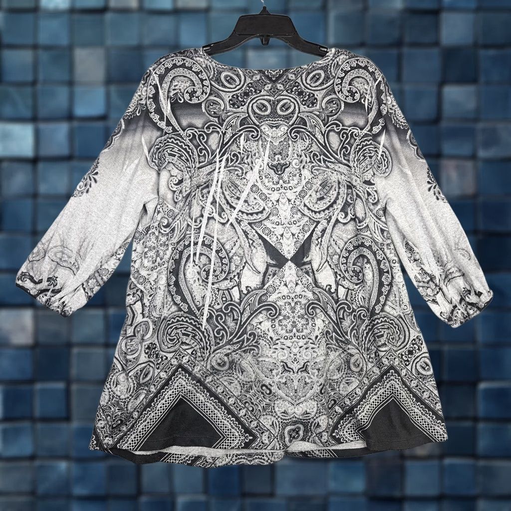 Olive Live And Let Live Paisleys Rhinestone Embellished Women's Knit Top 1X Blouse 3/4 Sleeve Multicolor Knit Shirt Womens Plus Size Size XL / US 12-14 / IT 48-50 - 1 Thumbnail