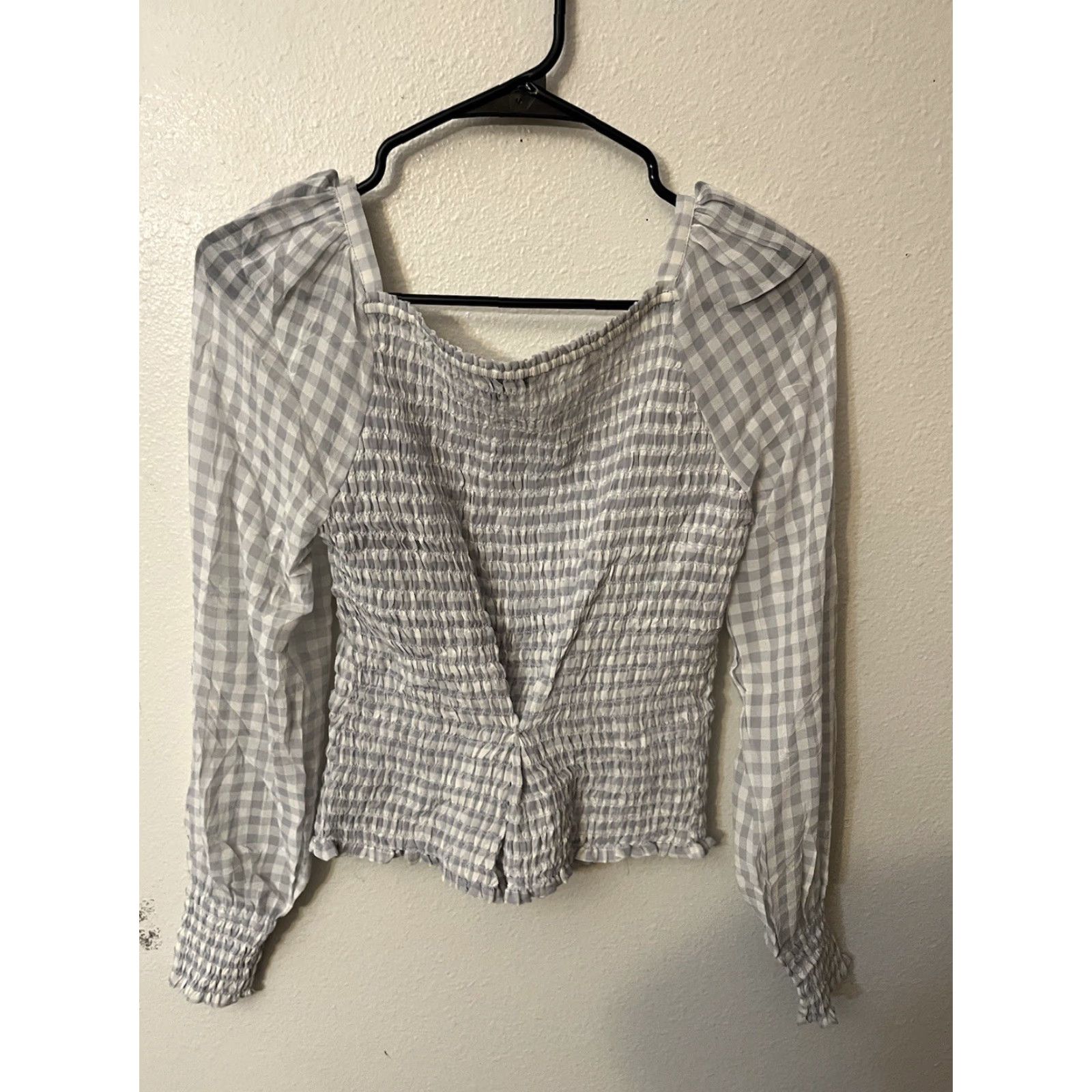 Ann Taylor ANN TAYLOR PETITE Grey GINGHAM Square Neck SMOCKED Top XS Blouse Womens Shirt Size XS / US 0-2 / IT 36-38 - 3 Thumbnail