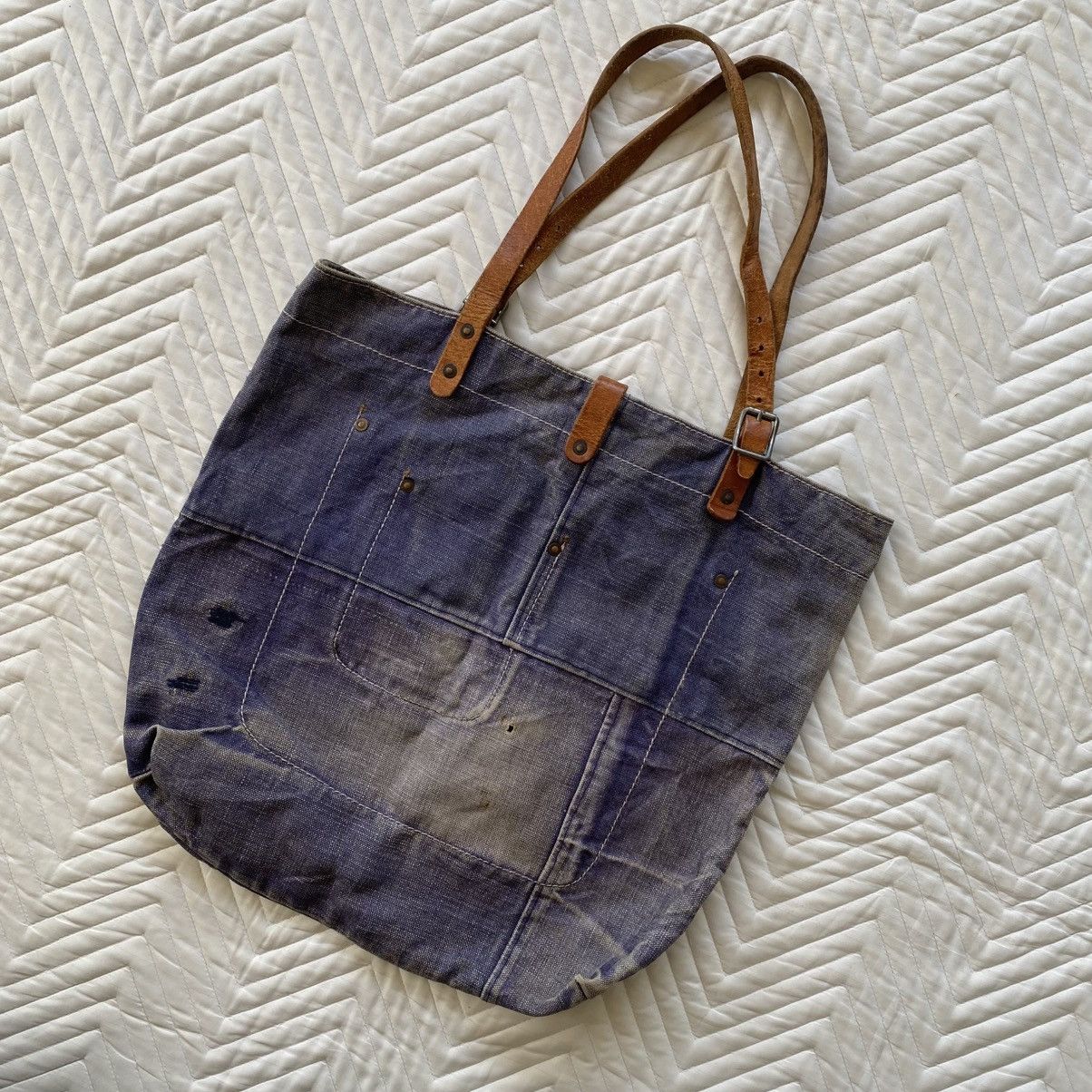 Japanese Brand Custom Made Denim Tote Bag– Vintage Patina Look Size ONE SIZE - 2 Thumbnail