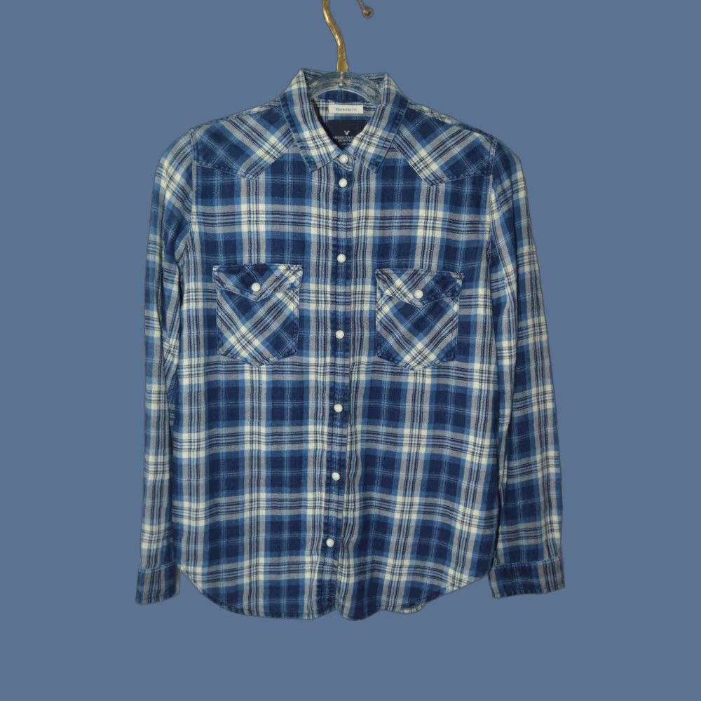Vintage American Eagle Button-Up Shirt Mens M Blue Plaid Flannel Pearl Snap L/S Boyfriend Fit Size US M / EU 48-50 / 2 - 1 Thumbnail