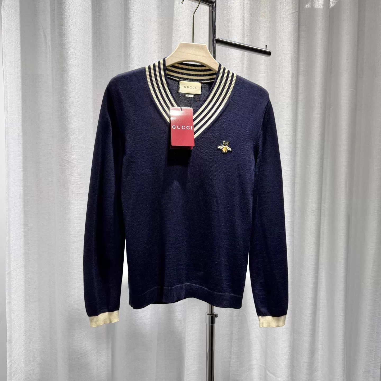 Gucci Blue V-Neck Knit Sweater with Striped Collar & Bee Size US XS / EU 42 / 0 - 1 Thumbnail