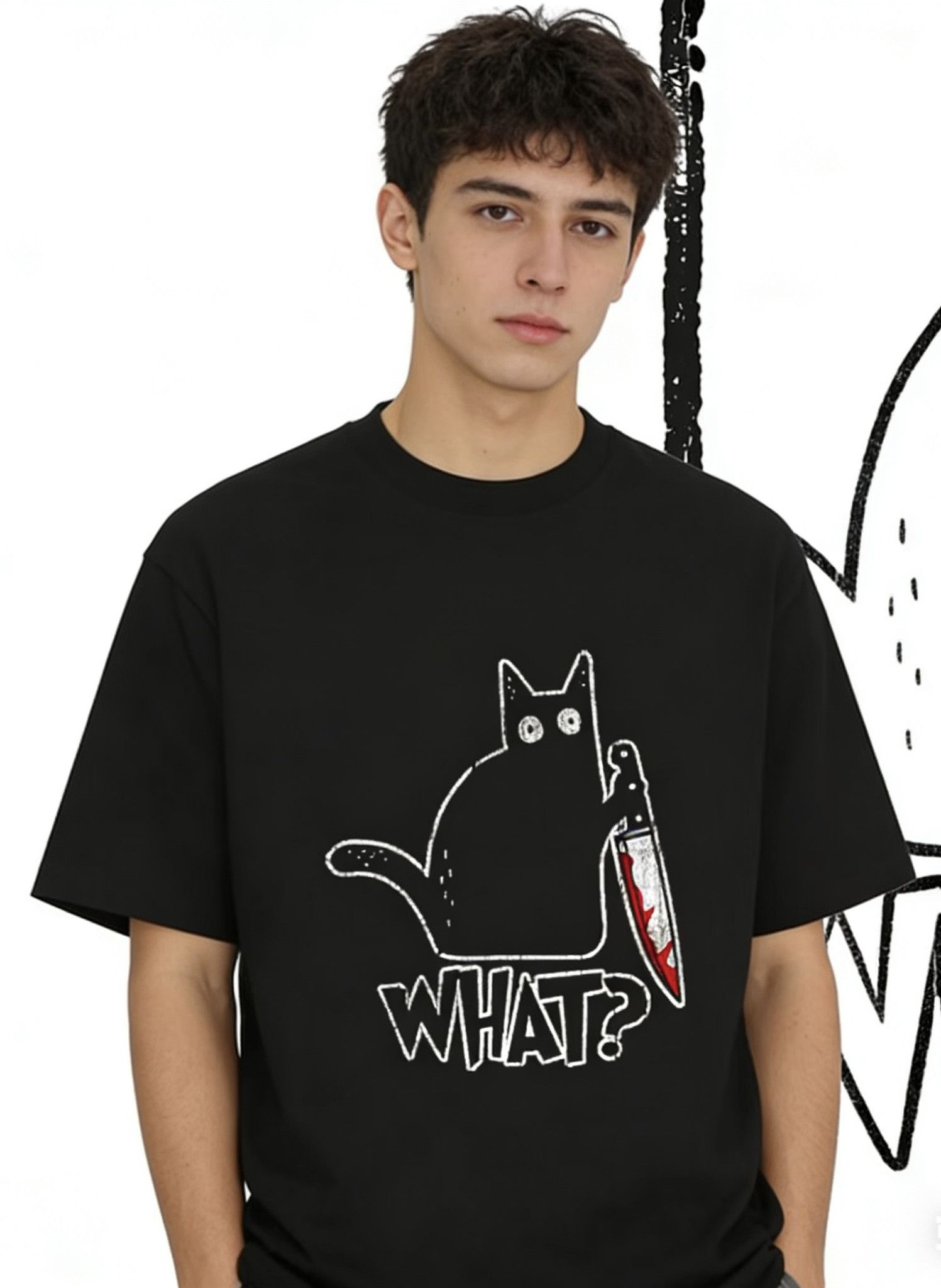 Japanese Brand Y2K Vintage Gothic Cat Killer Print Washed T-Shirt Size US L / EU 52-54 / 3 - 2 Thumbnail