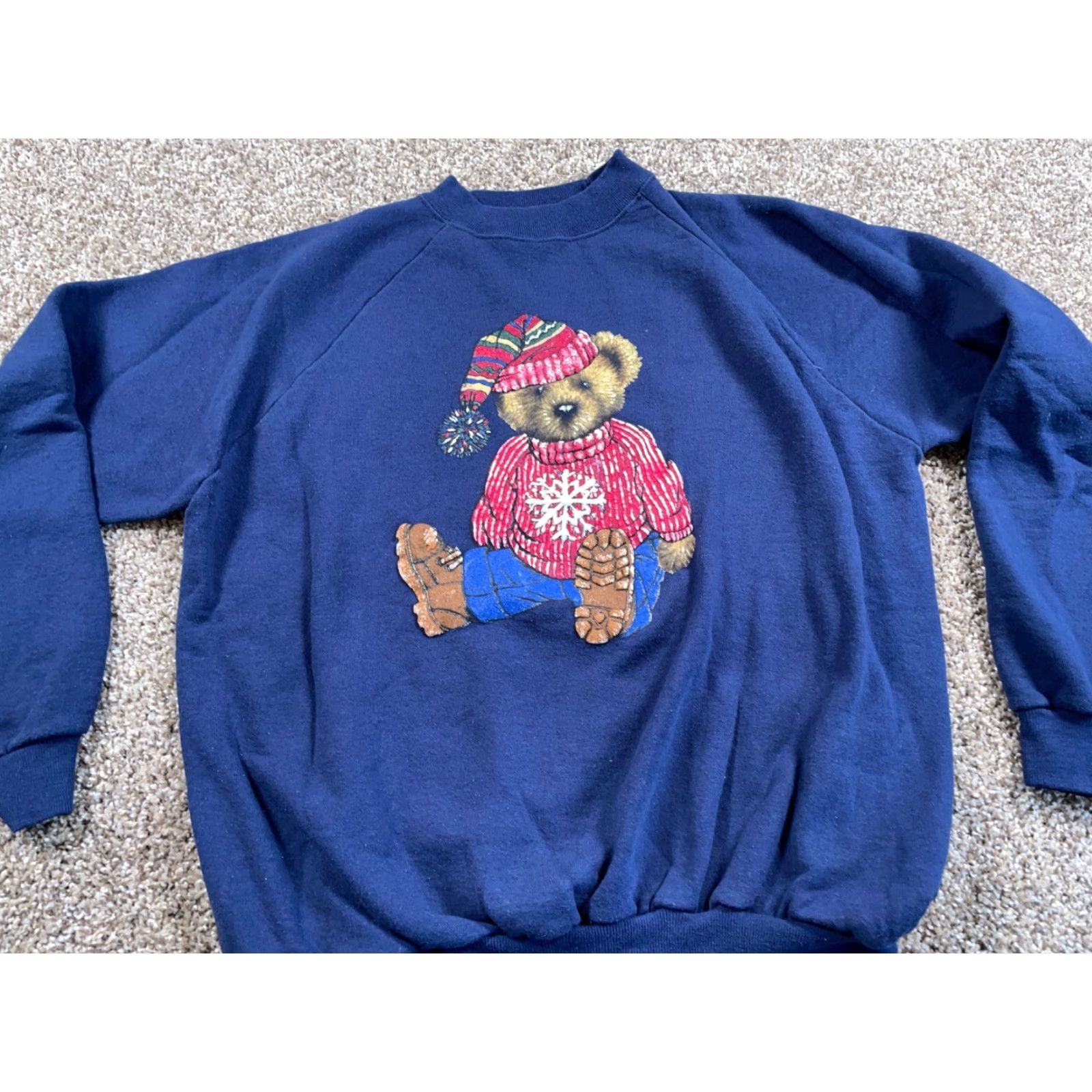 Hanes VTG 90s Winter Teddy Bear Motif Sweatshirt Adult Large Blue Raglan Sleeves 50/50 Size US L / EU 52-54 / 3 - 5 Thumbnail