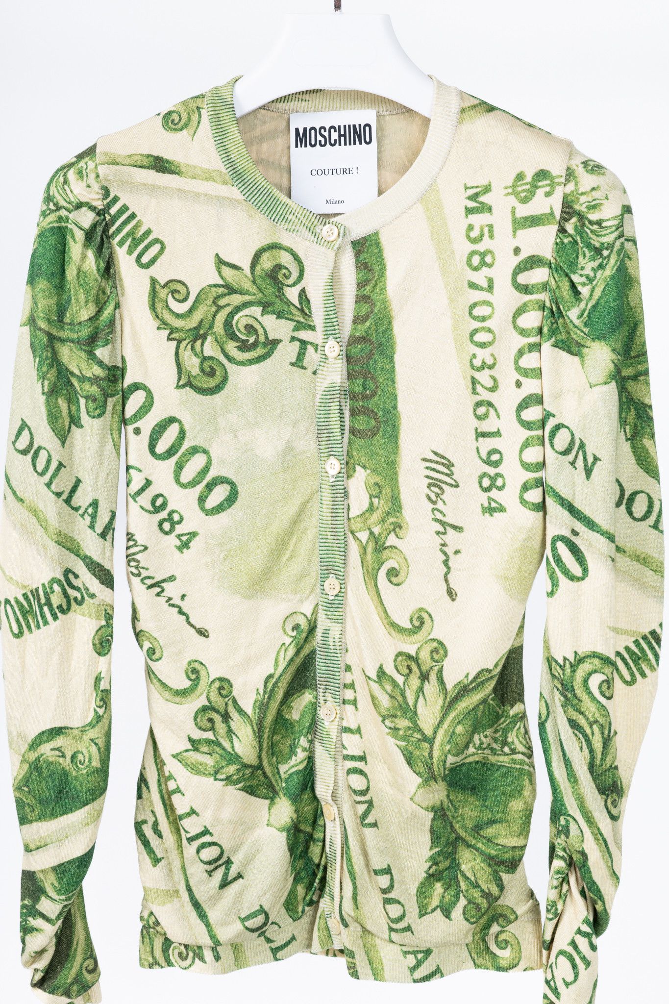 Moschino Moschino AW/19 Green Wool Money-Print Ruched Cardigan Size M / US 6-8 / IT 42-44 - 3 Thumbnail