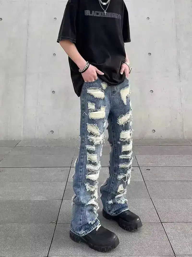 Japanese Brand Retro washed street ripped straight hole jeans y2k Size US 32 / EU 48 - 2 Thumbnail