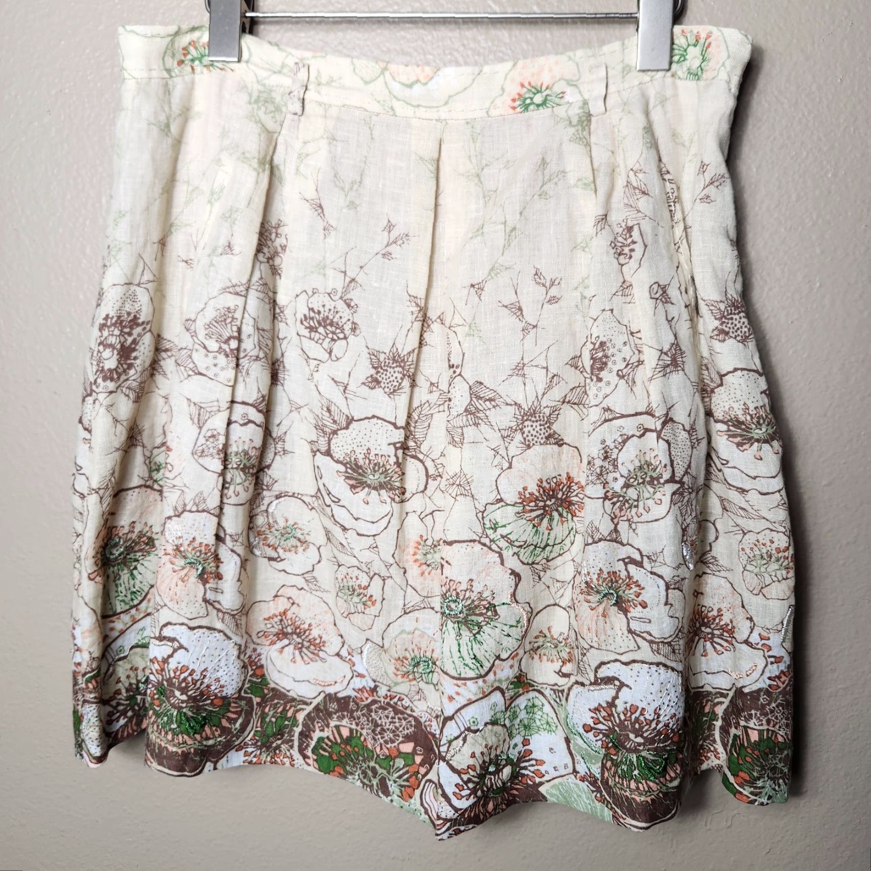 Elie Tahari Elie Tahari Skirt 100% Linen Beige Floral Embroidered Flare-Size 12 Womens Knee Length Bohemian, Flower, Art, Beach Size 34" / US 12 / IT 48 - 7 Thumbnail