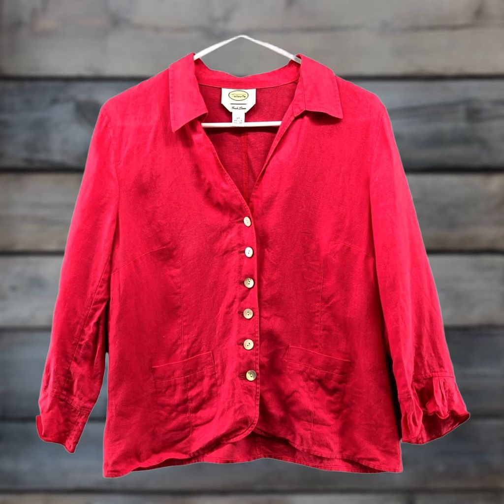 Talbots VINTAGE Talbots Pink Linen Shirt Jacket Womens 10 Blazer Button Front Ruffle Cuff Beach Modern Short Sleeve Size L / US 10 / IT 46 - 1 Thumbnail