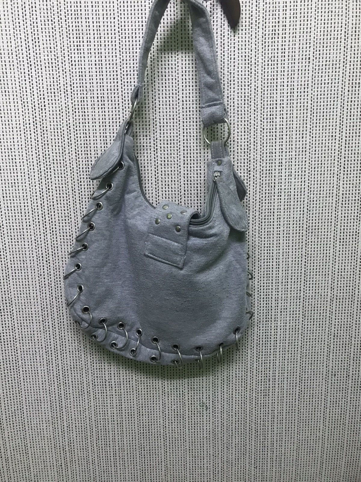 Japanese Brand “Grey Studded Punk Shoulder Bag with Grommet Lace-Up Design” Size ONE SIZE - 3 Thumbnail