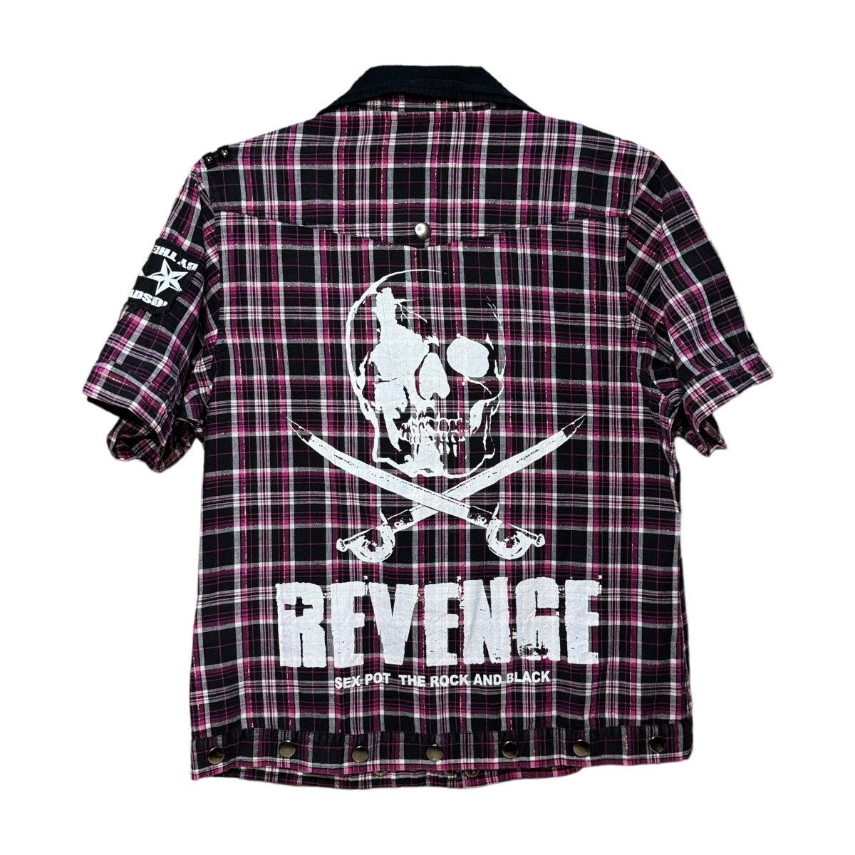 image of 20471120 x If Six Was Nine Sex Pot Revenge Skull Patches Studded Punk Flannel Shirt in Purple Strip