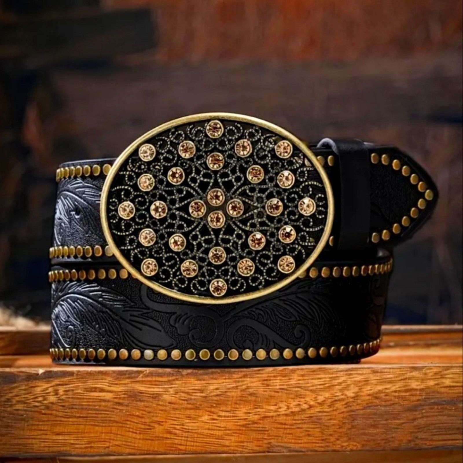 Other Vegan Black Leather Belt Western Style Embossed Pattern Size ONE SIZE - 1 Thumbnail