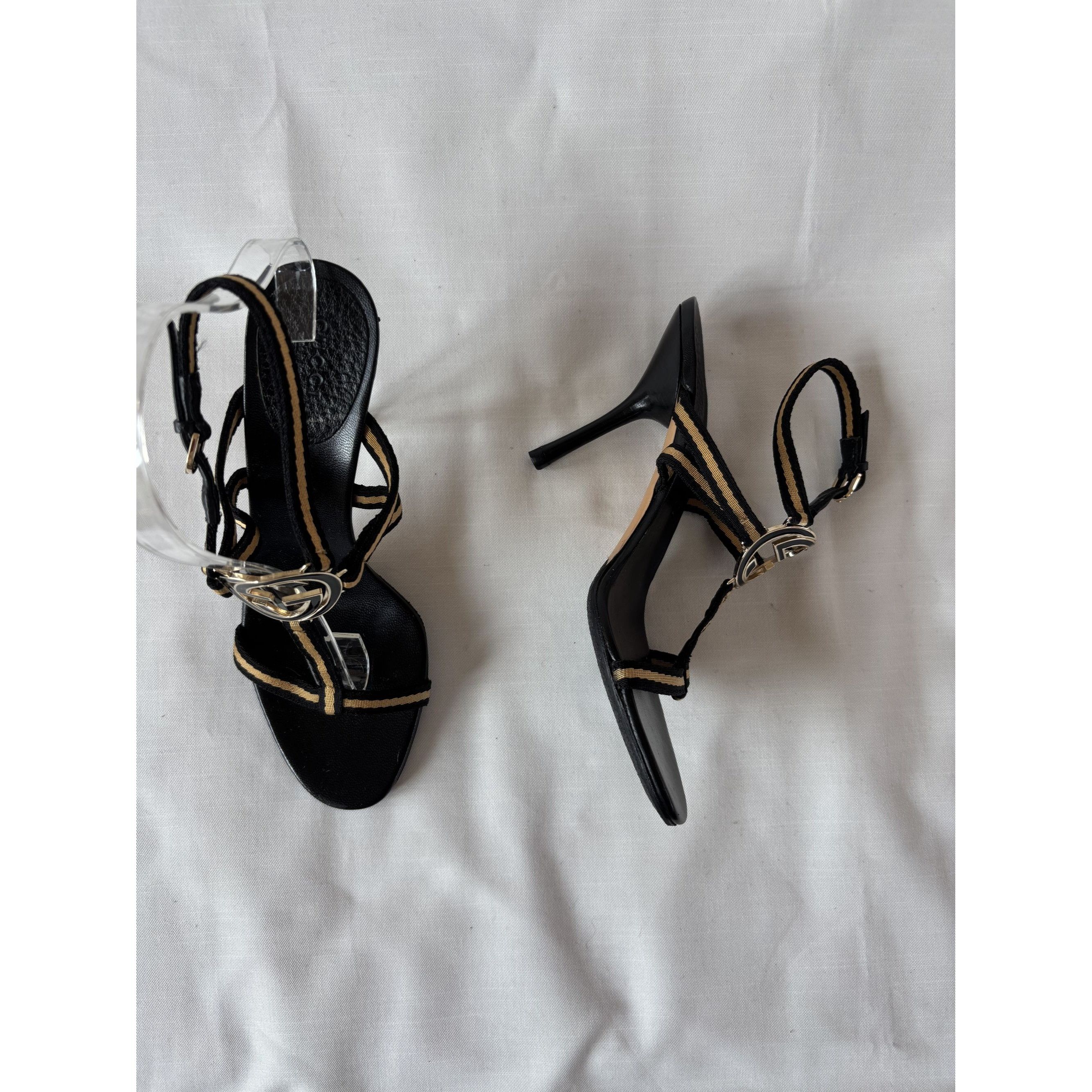 Gucci Gucci heeled sandals – black leather & gold GG logo Size US 8 / IT 38 - 3 Thumbnail