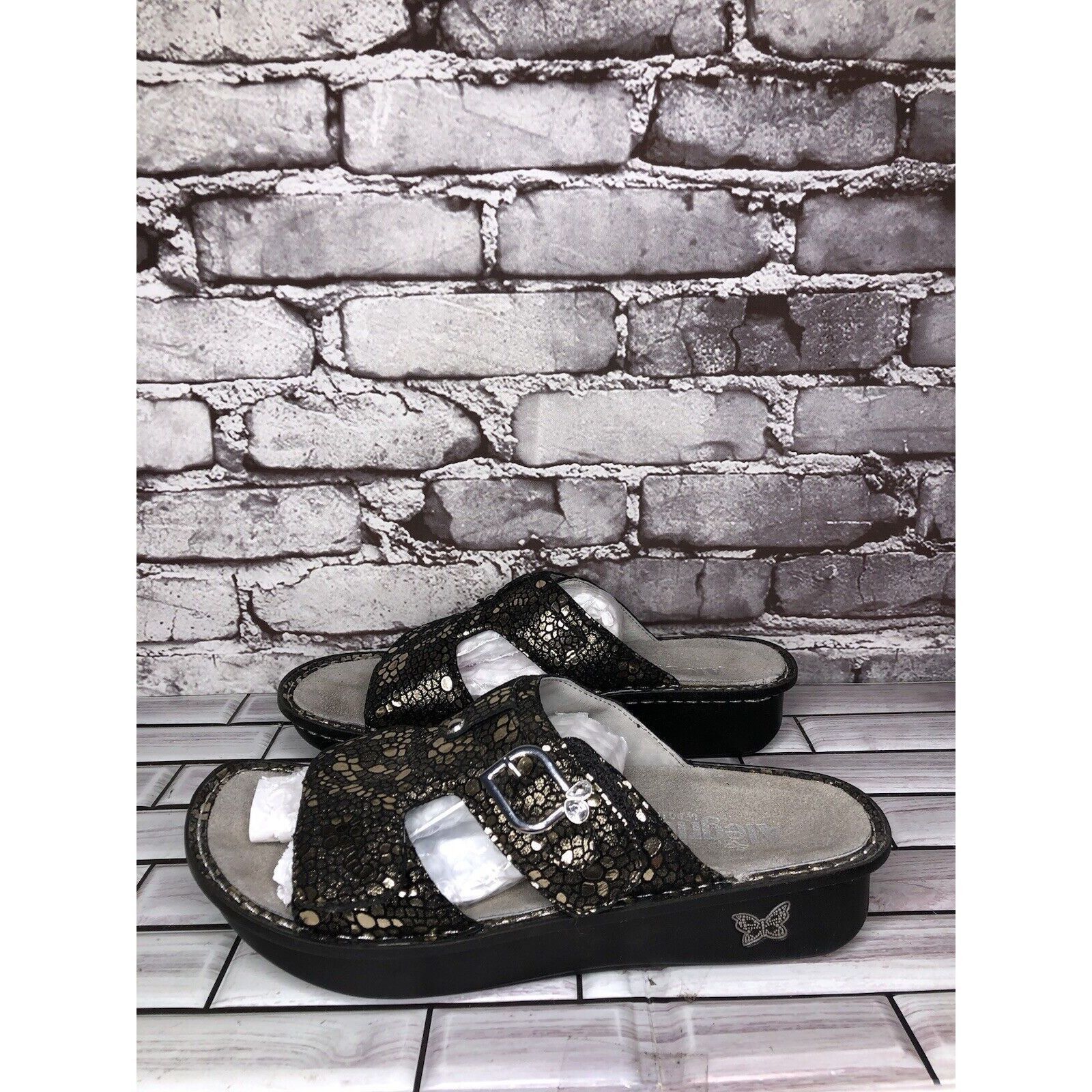 Allegri Alegria PEG 780 Black Silver Mosaic Leather Platform Slides Size US 10.5 / IT 40.5 - 12 Thumbnail