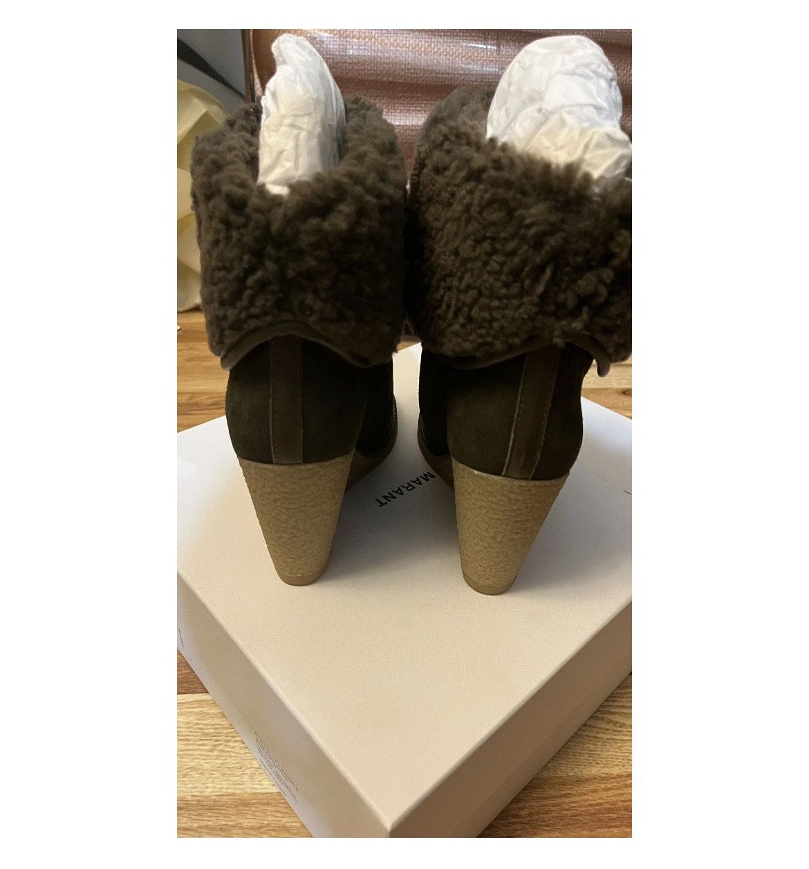Isabel Marant Chic Army green suede sheep fur trim wedges Size US 8 / IT 38 - 10 Thumbnail