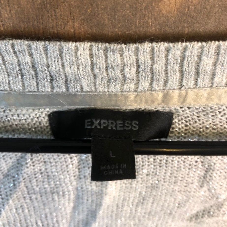 Express Express Sweater Gray Metallic Deep V-Neck Merino Wool Blend Large Womens Pullover Knit Long Sleeve Regular Size L Size L / US 10 / IT 46 - 4 Thumbnail