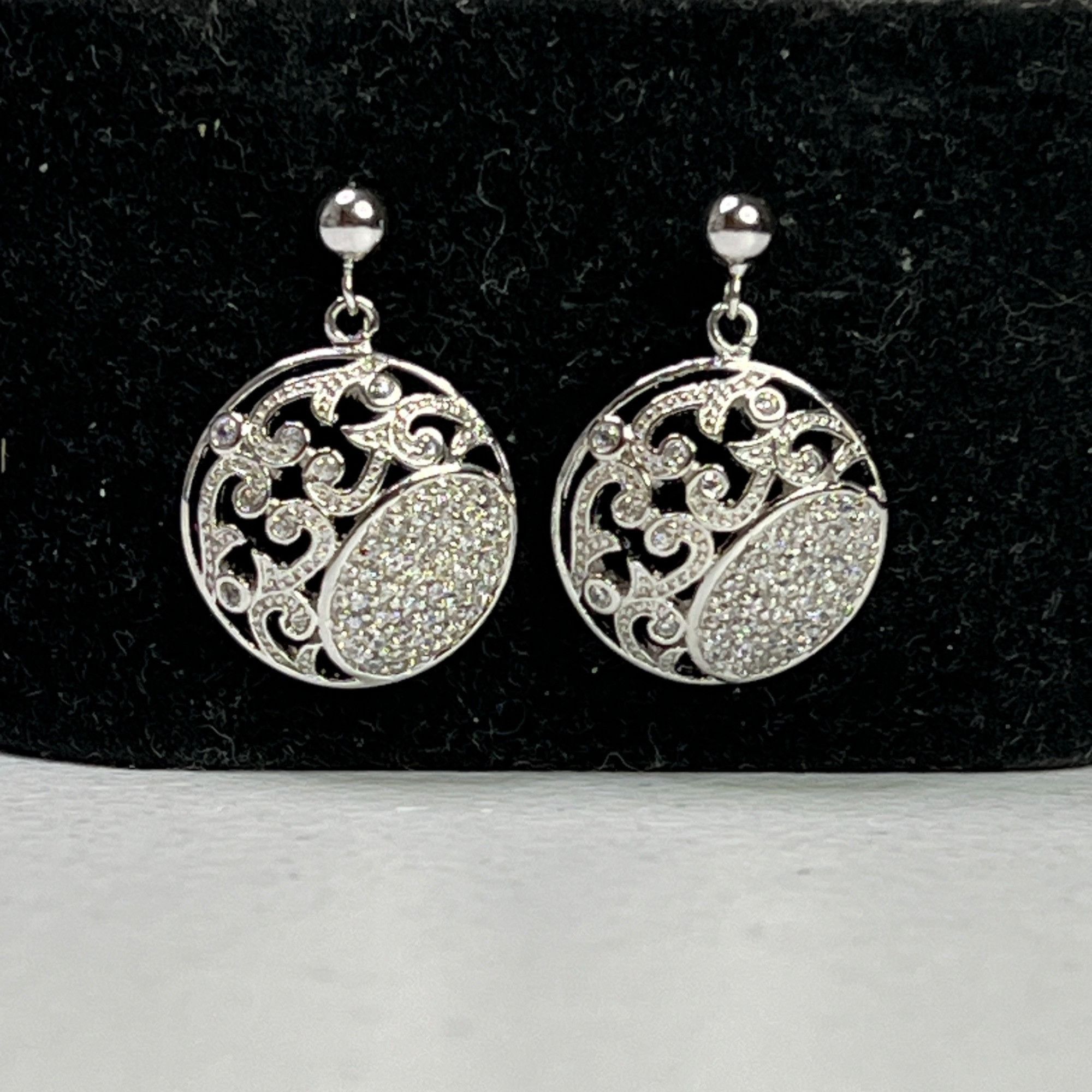Designer Silver-Tone Filigree Oval Disc Drop Earrings With Sparkling Size ONE SIZE - 3 Thumbnail