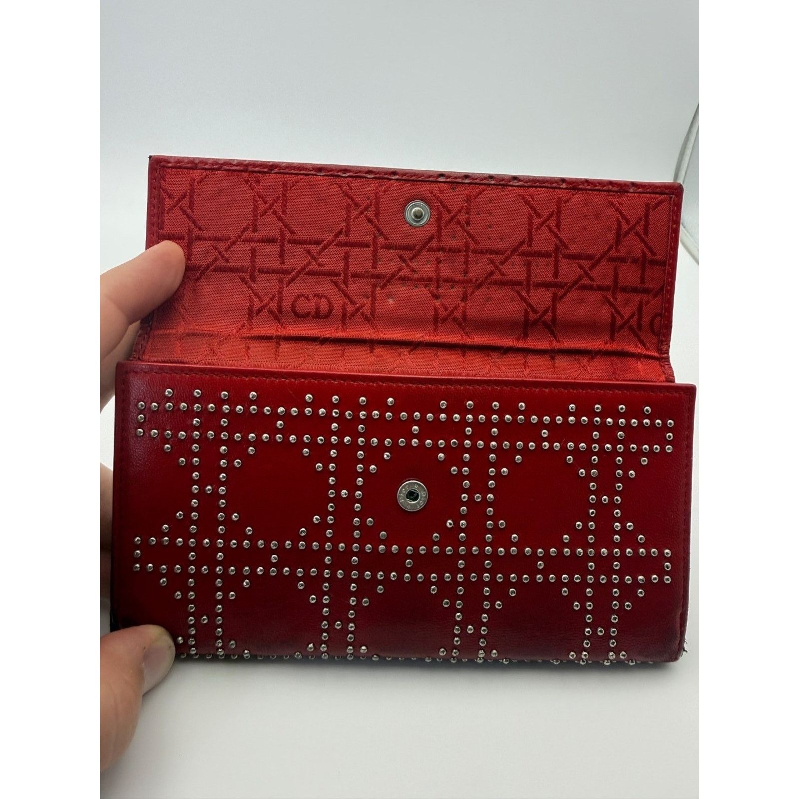 Dior Christian Dior Lady Dior Red Wallet Cannage Studded Lambskin Size ONE SIZE - 7 Thumbnail