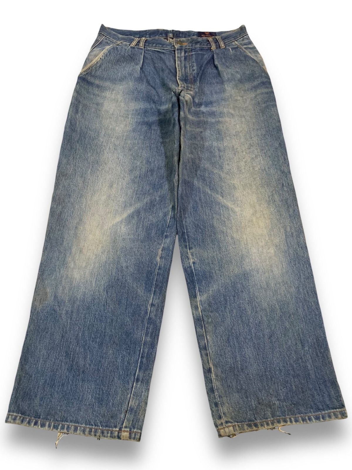 image of Jnco x Studio Dartisan Vintage Mario Valentino Mud Washed Baggy Distressed Jeans in Blue (Size 32)