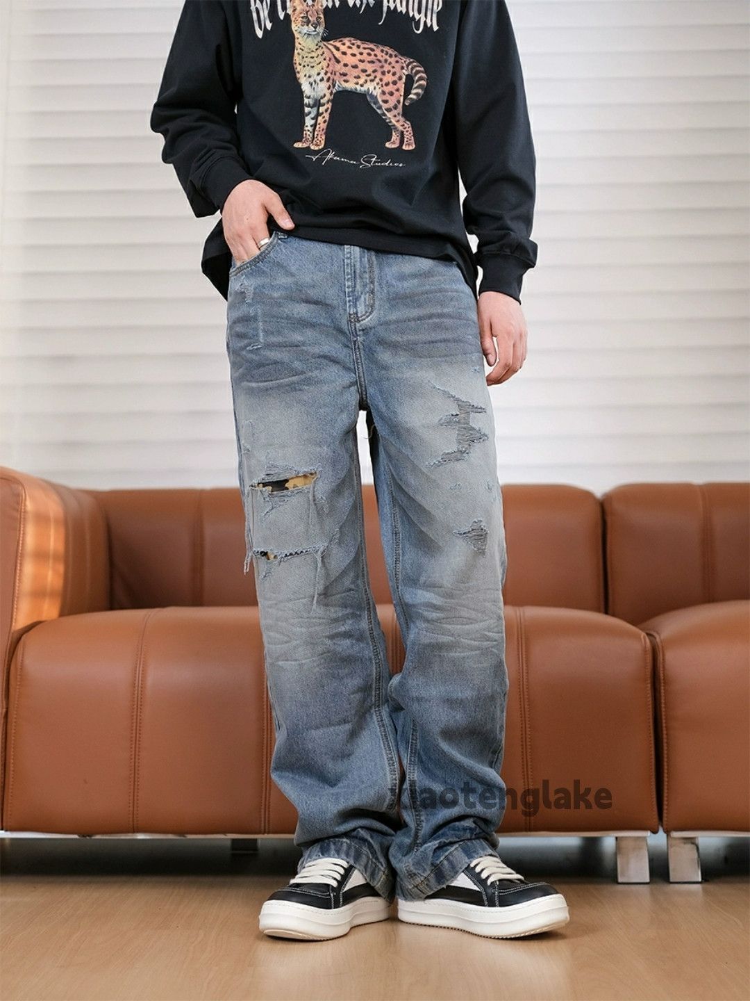 Jean × Vintage washed faded damaged stain ripped loose hiphop jeans Size US 36 / EU 52 - 1 Thumbnail