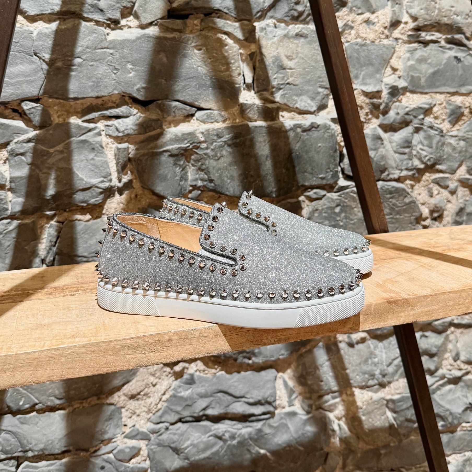 Christian Louboutin Silver Glitter Pik Boat Slip-on Sneakers