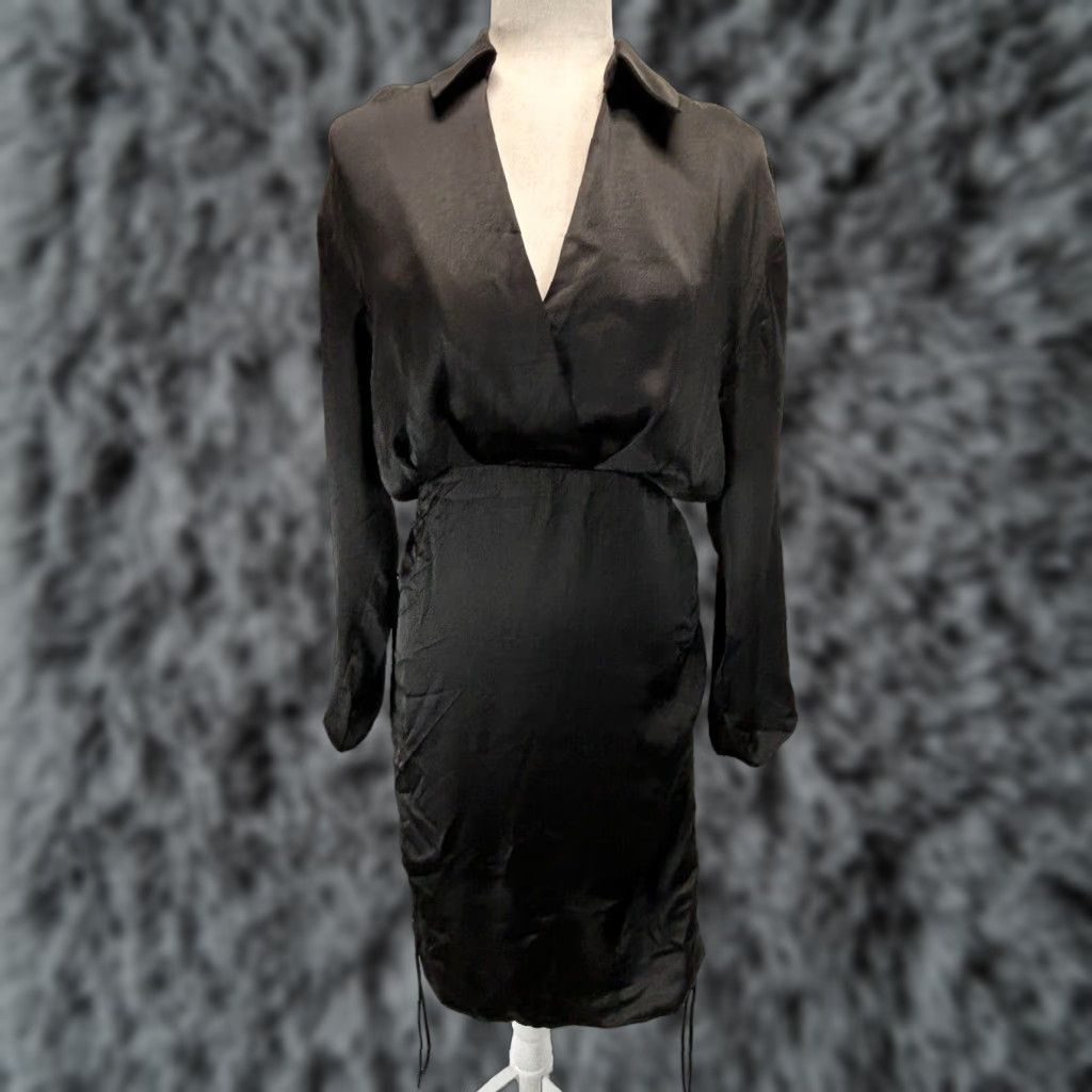 Zara Zara Shirt Dress Black Satin Sz Small Plunging Vneck Ruched Sides NEW! Size S / US 4 / IT 40 - 1 Thumbnail