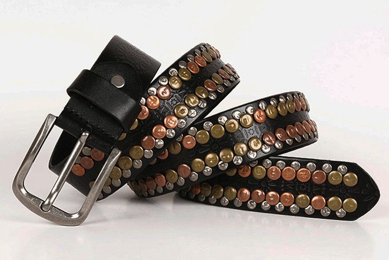 image of Leather 110Cm Rivet Flooded Round Belt in Black, Men's