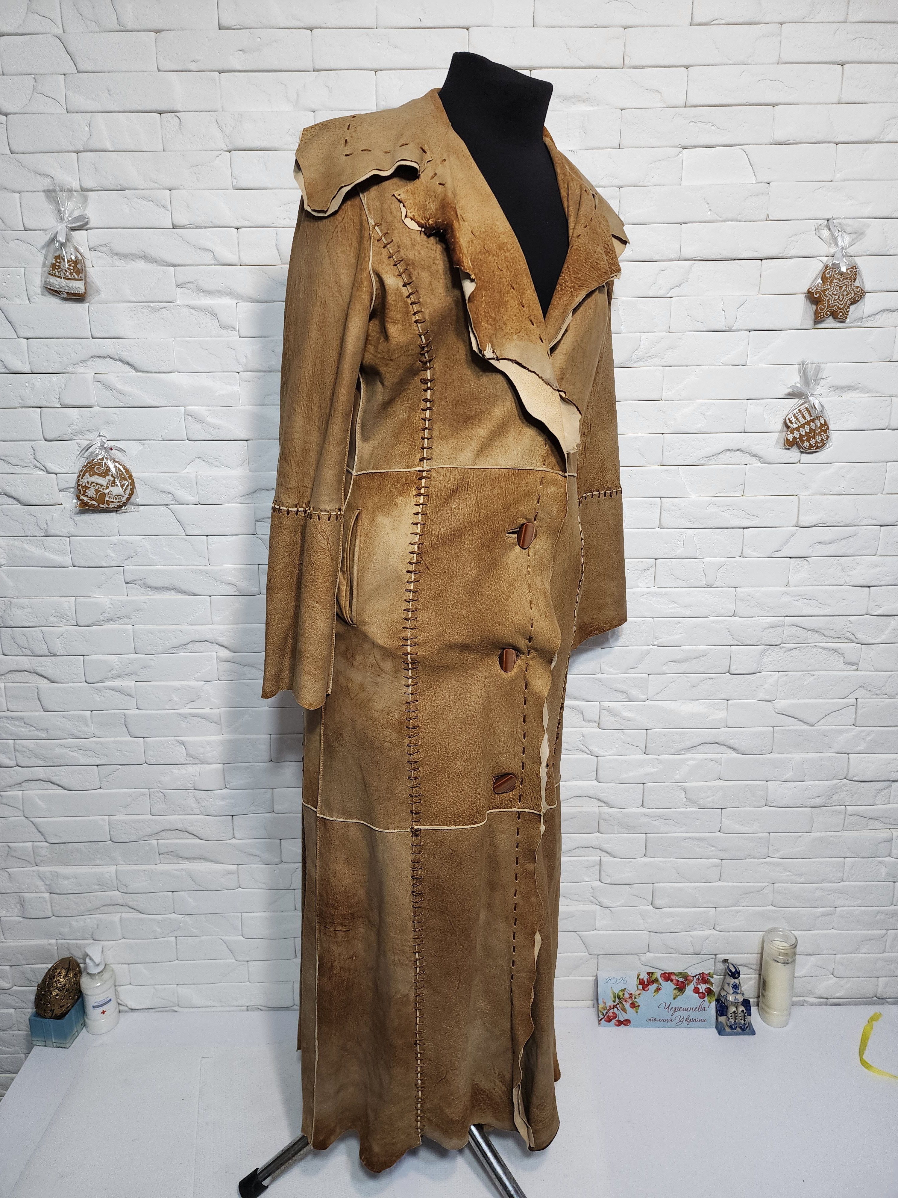 Other Brown Leather Jacket: Long Stylish Women's Coat Size M / US 6-8 / IT 42-44 - 3 Thumbnail