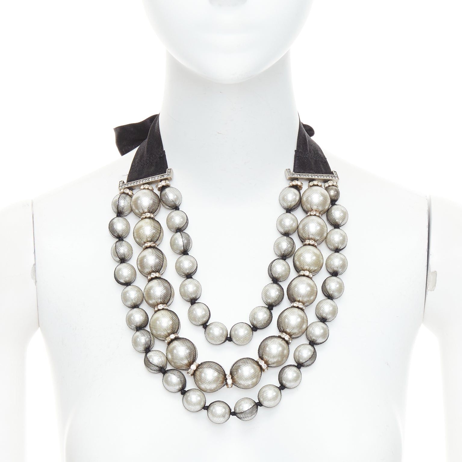 Lanvin rare LANVIN black strand wrapped faux pearl crystal ribbon tie necklace Size ONE SIZE - 1 Thumbnail