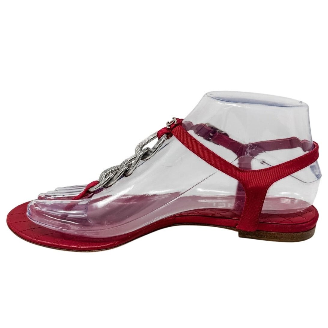 Chanel Chanel Red Silver Chain T Strap CC Logo Flat Sandals sz 37.5 Size US 7.5 / IT 37.5 - 12 Thumbnail