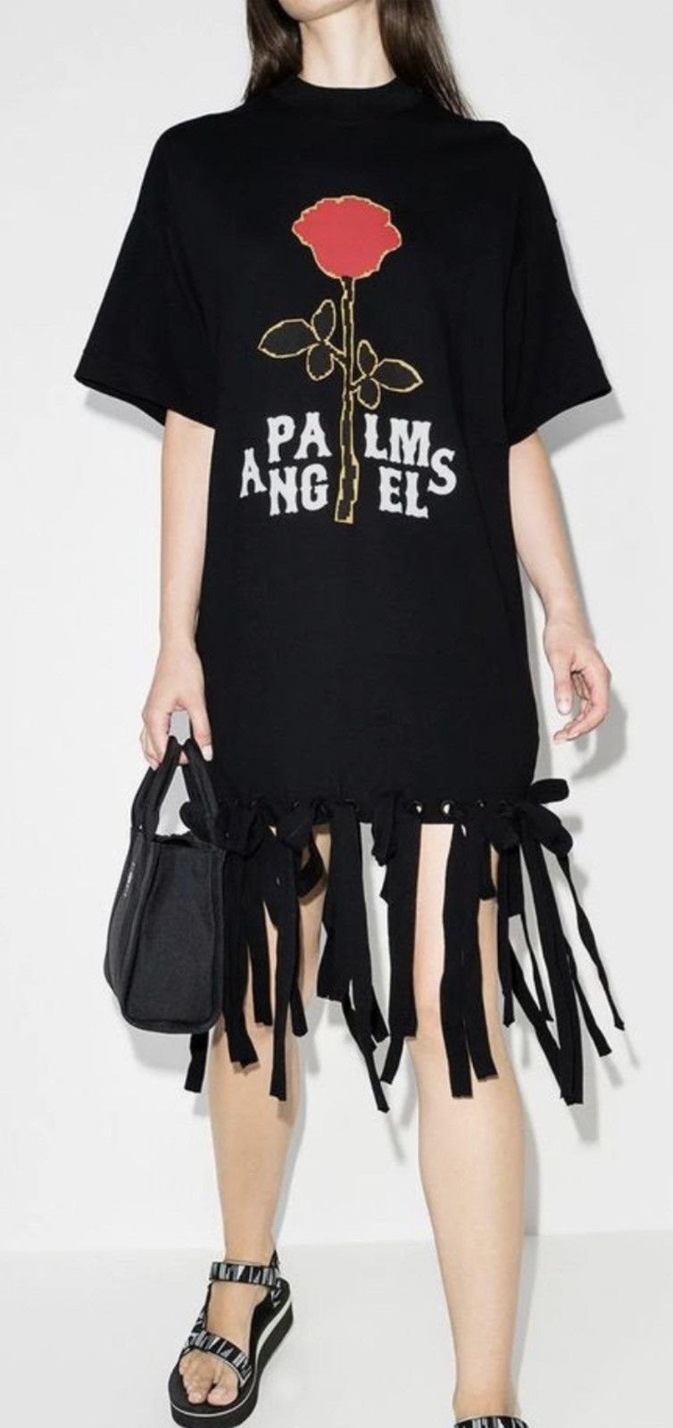 image of Palm Angels Rose Oversized Fringe Tee Size Small in Black, Women's